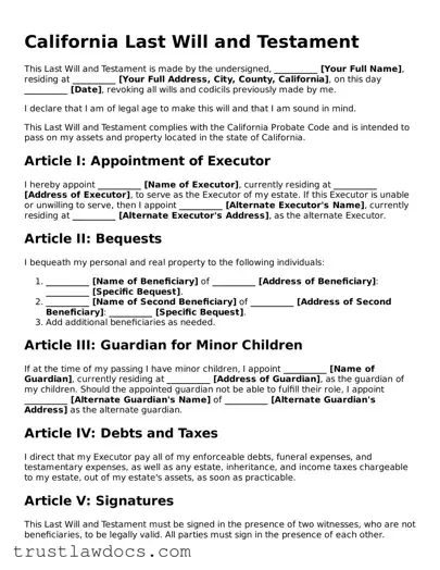 Free  Last Will and Testament Form for California