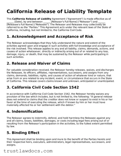 Free  Release of Liability Form for California