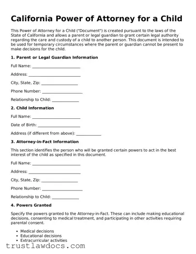 Free  Power of Attorney for a Child Form for California