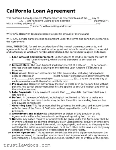 Free  Loan Agreement Form for California