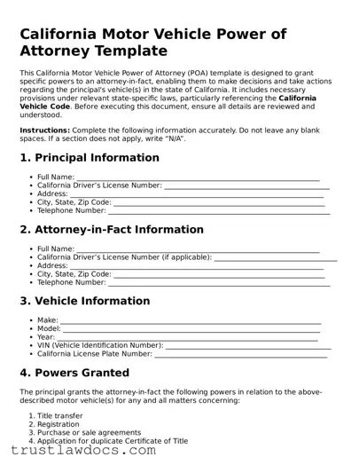 Free  Motor Vehicle Power of Attorney Form for California