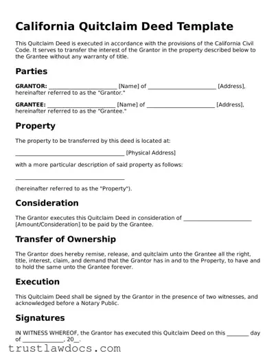 Free  Quitclaim Deed Form for California