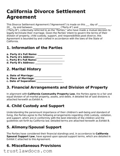 Free  Divorce Settlement Agreement Form for California