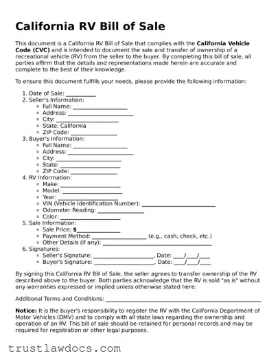 Free  RV Bill of Sale Form for California
