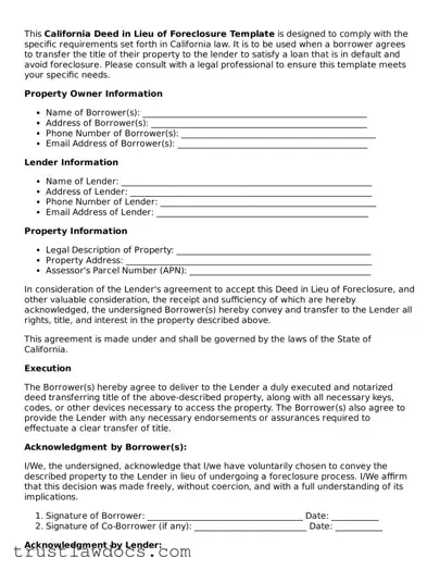 Free  Deed in Lieu of Foreclosure Form for California