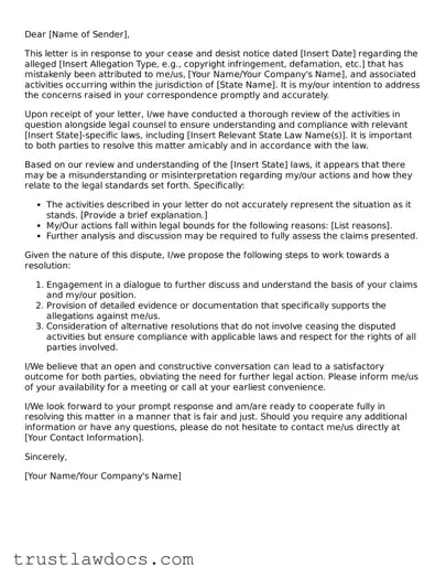 Official Response to a Cease and Desist Letter Document