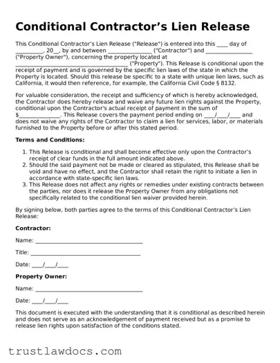 Official Conditional Contractor’s Lien Release Document