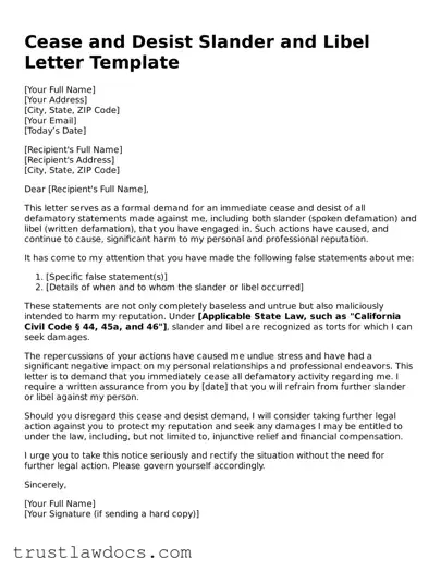 Official Cease and Desist Slander and Libel Letter Document