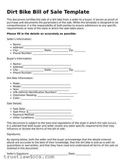Official Dirt Bike Bill of Sale Document