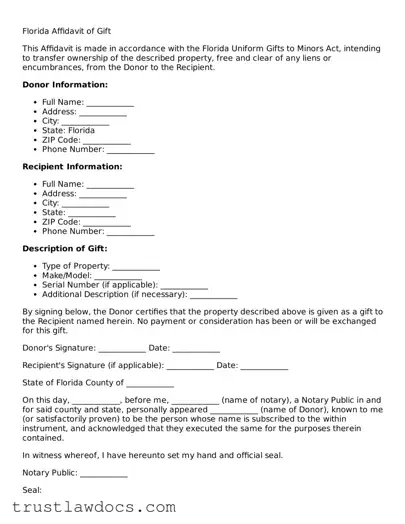 Free  Affidavit of Gift Form for Florida