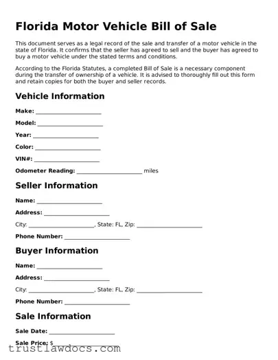 Free  Motor Vehicle Bill of Sale Form for Florida