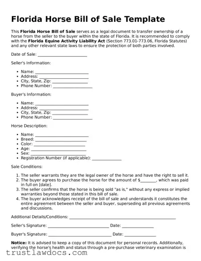 Free  Horse Bill of Sale Form for Florida