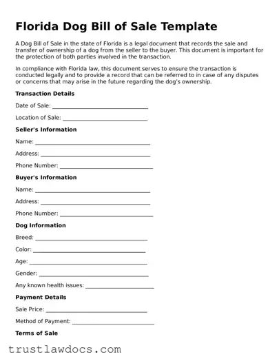 Free  Dog Bill of Sale Form for Florida