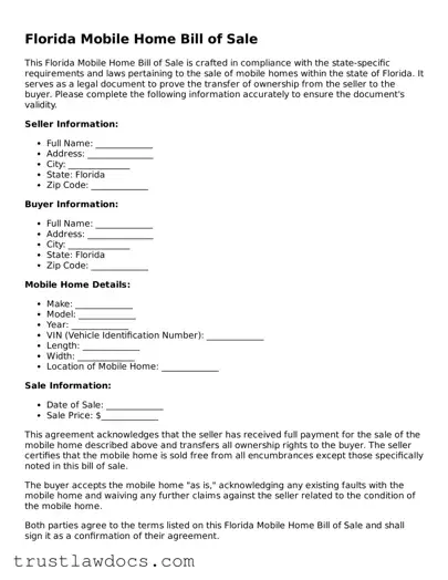 Free  Mobile Home Bill of Sale Form for Florida