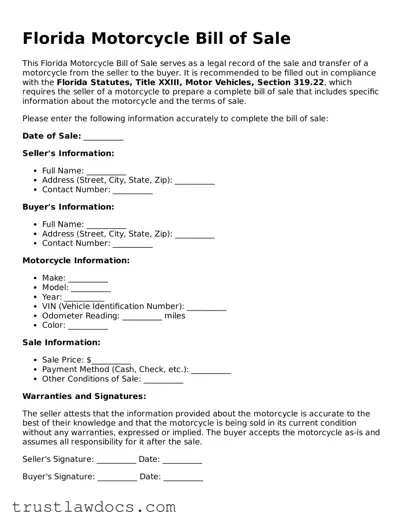 Free  Motorcycle Bill of Sale Form for Florida