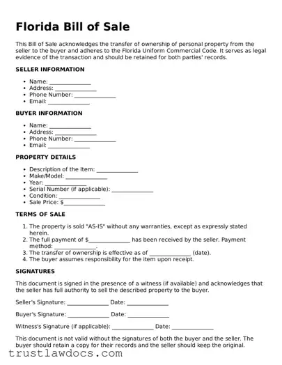 Free  Bill of Sale Form for Florida