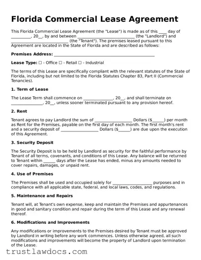 Free  Commercial Lease Agreement Form for Florida