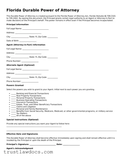 Free  Durable Power of Attorney Form for Florida