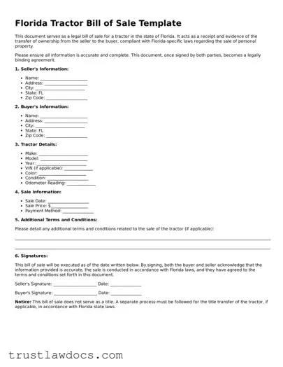 Free  Tractor Bill of Sale Form for Florida
