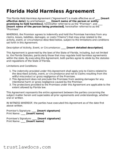 Free  Hold Harmless Agreement Form for Florida