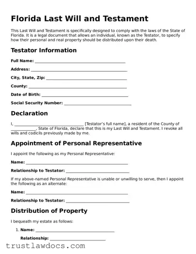 Free  Last Will and Testament Form for Florida