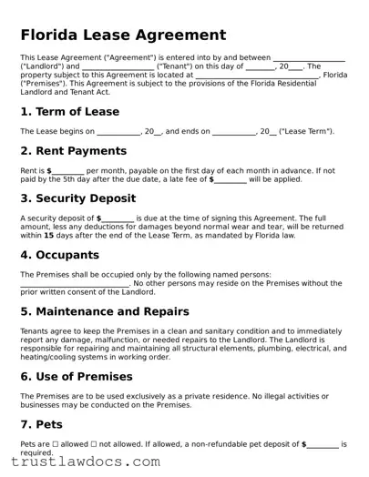 Free  Lease Agreement Form for Florida