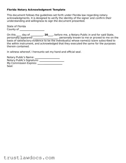 Free  Notary Acknowledgement Form for Florida