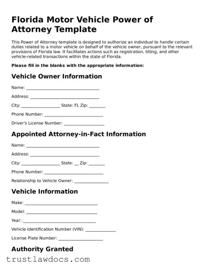 Free  Motor Vehicle Power of Attorney Form for Florida