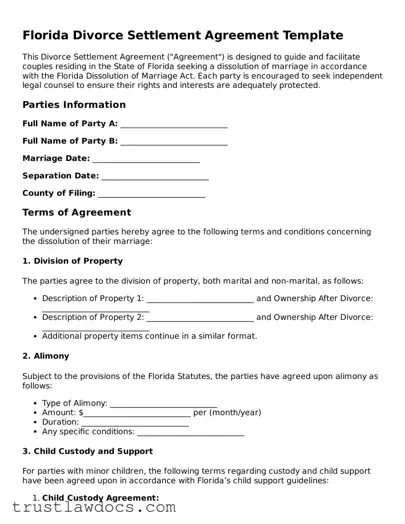 Free  Divorce Settlement Agreement Form for Florida