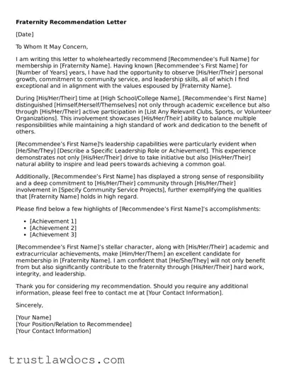 Official Fraternity Recommendation Letter Document