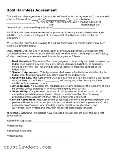 Official Hold Harmless Agreement Document