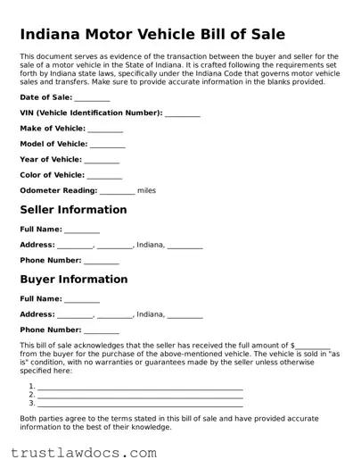 Free  Motor Vehicle Bill of Sale Form for Indiana