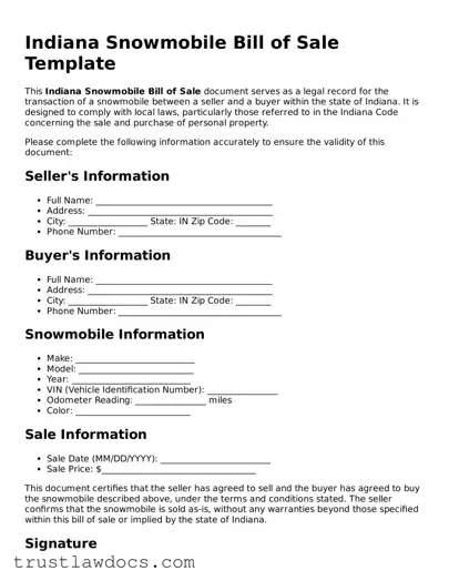 Free  Snowmobile Bill of Sale Form for Indiana