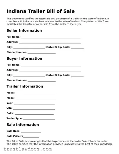 Free  Trailer Bill of Sale Form for Indiana