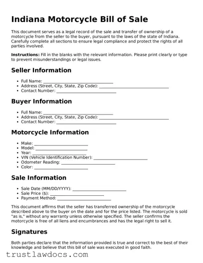 Free  Motorcycle Bill of Sale Form for Indiana