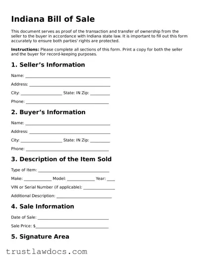 Free  Bill of Sale Form for Indiana