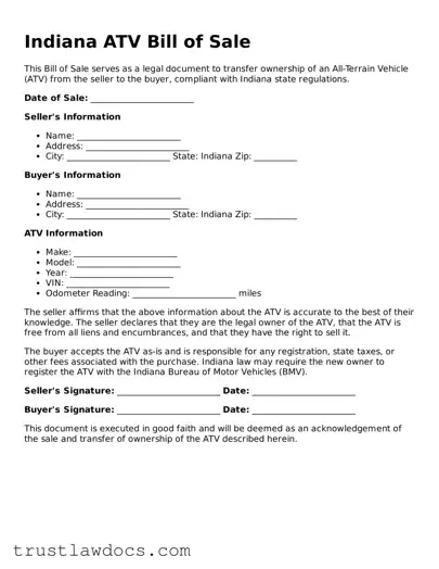 Free  ATV Bill of Sale Form for Indiana