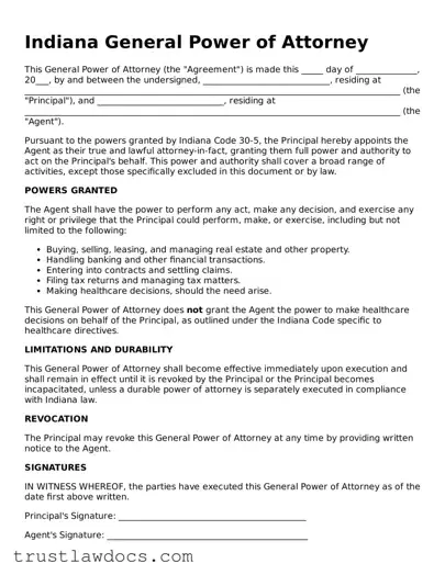 Free  General Power of Attorney Form for Indiana