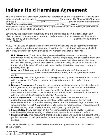 Free  Hold Harmless Agreement Form for Indiana