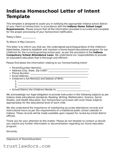 Free  Homeschool Letter of Intent Form for Indiana