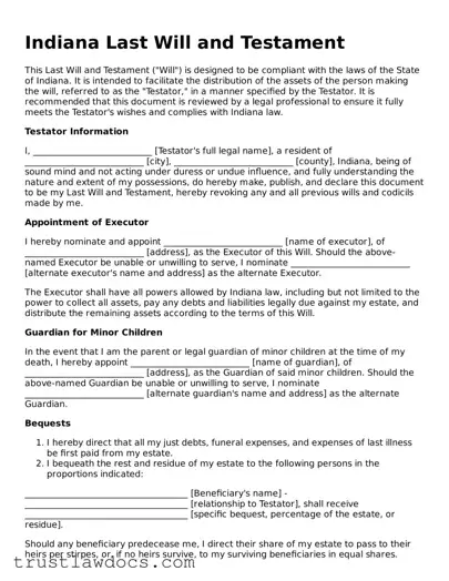 Free  Last Will and Testament Form for Indiana