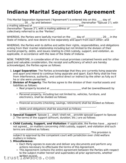 Free  Marital Separation Agreement Form for Indiana