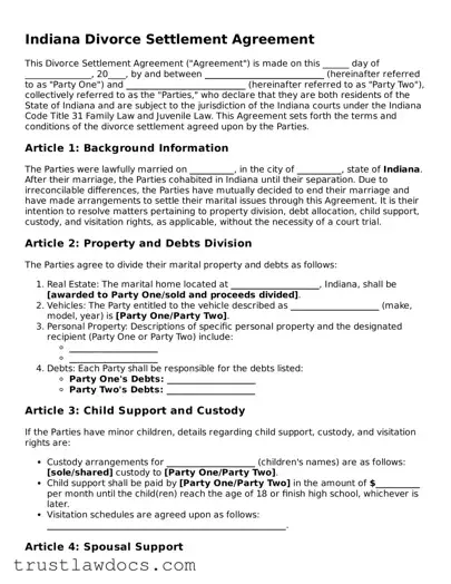 Free  Divorce Settlement Agreement Form for Indiana