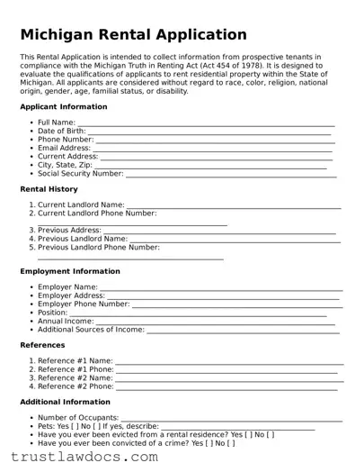 Free  Rental Application Form for Michigan