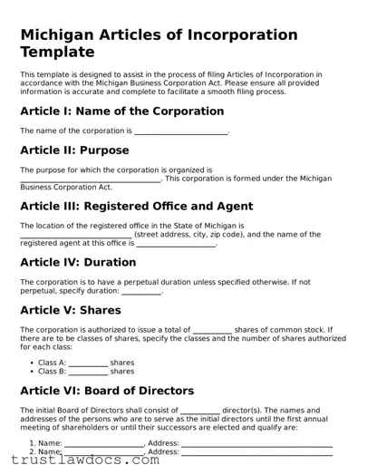Free  Articles of Incorporation Form for Michigan