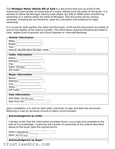 Free  Motor Vehicle Bill of Sale Form for Michigan