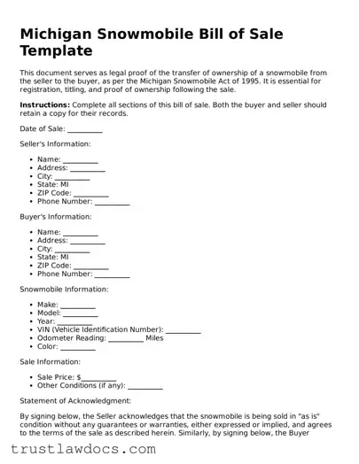 Free  Snowmobile Bill of Sale Form for Michigan