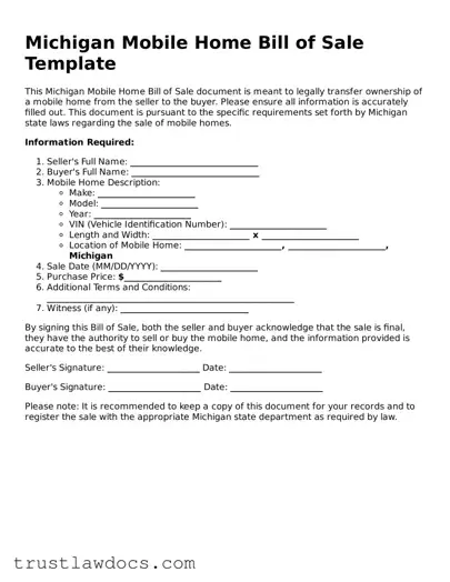 Free  Mobile Home Bill of Sale Form for Michigan