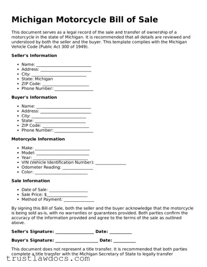 Free  Motorcycle Bill of Sale Form for Michigan