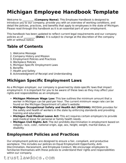 Free  Employee Handbook Form for Michigan